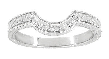 Art Deco Scrolls and Wheat Engraved Platinum Rounded Curved Wedding Band - Item: WR178P - Image: 2