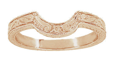 Vintage Engraved Art Deco Wheat and Scrolls 14 Karat Rose Gold Curved Wedding Band - Item: WR178R - Image: 2