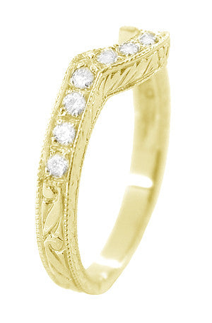 18 Karat Yellow Gold Art Deco Engraved Wheat and Scrolls Curved Hugger Diamond Wedding Band - Item: WR178YD - Image: 3