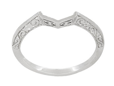 Contoured Art Deco Filigree Scrolls Wedding Band in 14 Karat White Gold