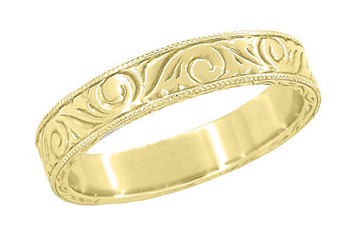 Mens 4mm Art Deco Yellow Gold Antique Scrolls Engraved Wedding