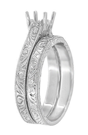 Art Deco Scrolls Contoured Engraved Wedding Band in 14K or 18K White Gold - alternate view