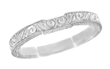 Art Deco Engraved Scrolls Contoured Wedding Band in 14 or 18 Karat White Gold