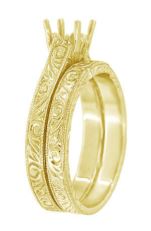 Yellow Gold Art Deco Scrolls Contoured Engraved Wedding Band - 14 or 18 Karat - alternate view