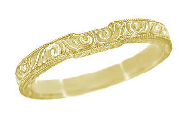 Yellow Gold Art Deco Scrolls Contoured Engraved Wedding Band - 14 or 18 Karat