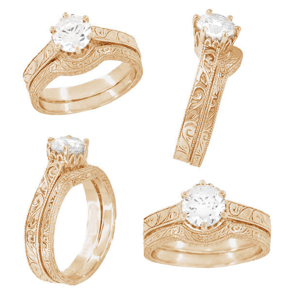 WR199R Vintage Curved Rose Gold Wedding Ring and an Engagement Ring Together as a Bridal Set