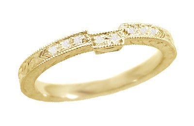 Art Deco Diamond Engraved Companion Wedding Ring in 18 Karat Yellow Gold