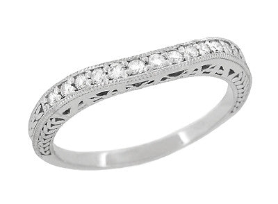 Art Deco Curved Filigree and Wheat Engraved Diamond Wedding Band in Platinum