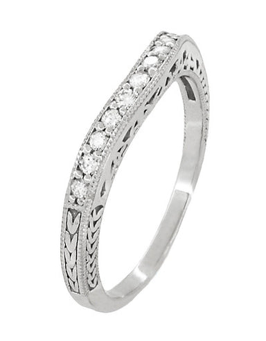 White Gold Art Deco Curved Filigree and Wheat Engraved Diamond Wedding Band - alternate view