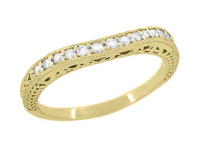 Yellow Gold Art Deco Curved Filigree and Wheat Engraved Diamond Wedding Ring