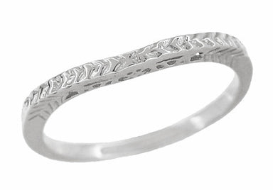 Art Deco Crown of Leaves Curved Filigree Engraved Wedding Band in Platinum