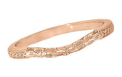 Art Deco Flowers and Wheat Carved Contoured Filigree Wedding Band in 14 Karat Rose Gold - Item: WR356R - Image: 2