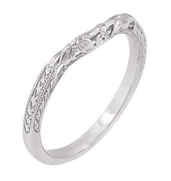 Art Deco Flowers and Wheat Engraved Filigree Wedding Band in White Gold