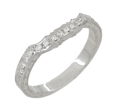 Art Deco Loving Hearts Contoured Antique Carved Wheat Diamond Wedding Ring in White Gold - Item: WR459W14K - Image: 3
