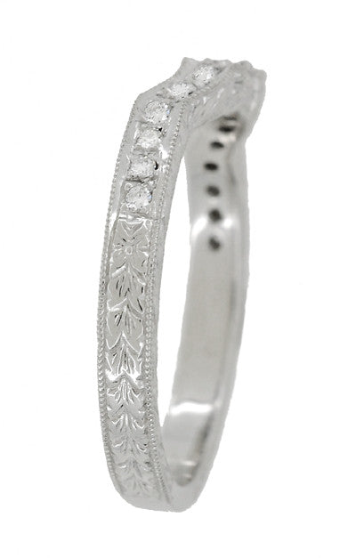 Art Deco Loving Hearts Contoured Antique Carved Wheat Diamond Wedding Ring in White Gold - Item: WR459W14K - Image: 4