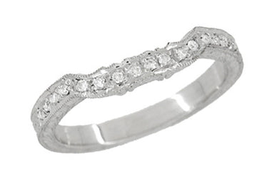 Art Deco Loving Hearts Contoured Antique Carved Wheat Diamond Wedding Ring in White Gold