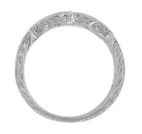 Side Scrolls Carved Detail on Antique Platinum and Diamond Art Deco Wedding Band - WR628P