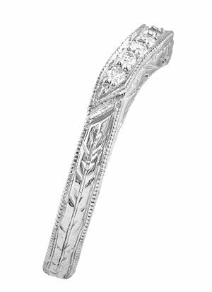 White Gold Art Deco Engraved Wheat Curved Diamond Wedding Band - 14K or 18K - alternate view