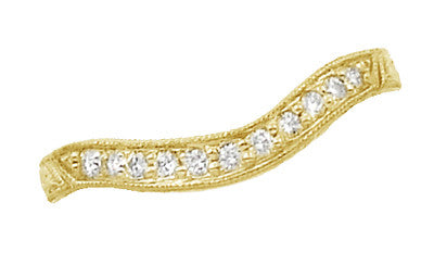 Art Deco Yellow Gold Carved Wheat Curved Hugger Diamond Wedding Band - Item: WR679YD14 - Image: 3